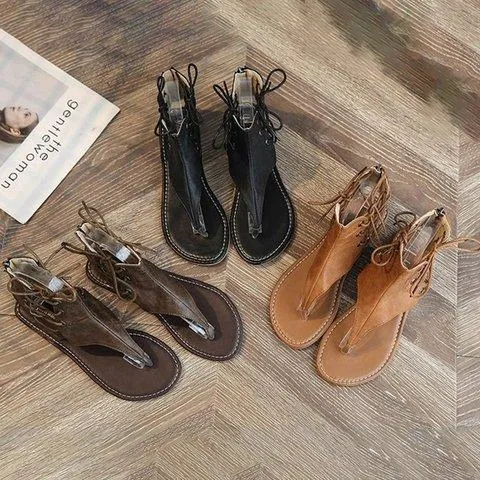 Ankle lace-up flip flop sandals retro style