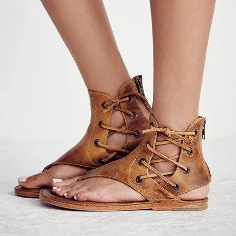 Ankle lace-up flip flop sandals retro style