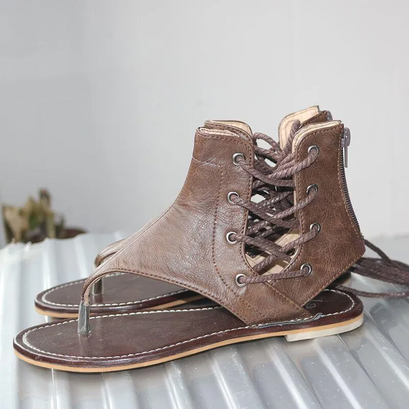 Ankle lace-up flip flop sandals retro style