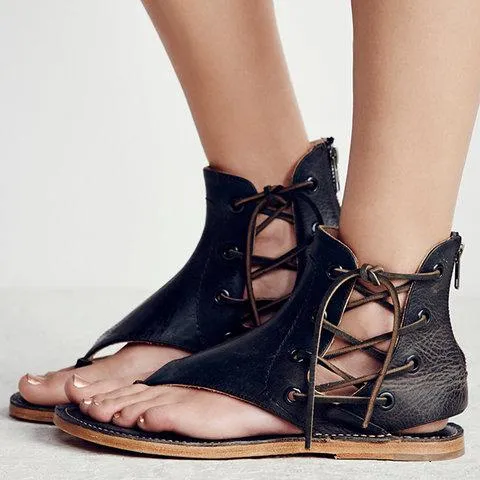 Ankle lace-up flip flop sandals retro style