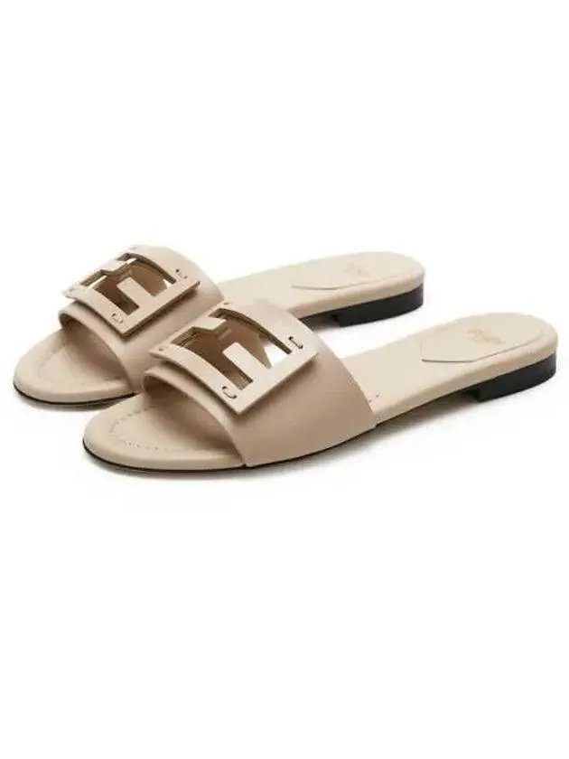 Baguette FF Logo Leather Slippers Beige
