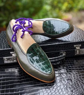 Belgian Loafer - Olive Green Deer & Green Crocodile