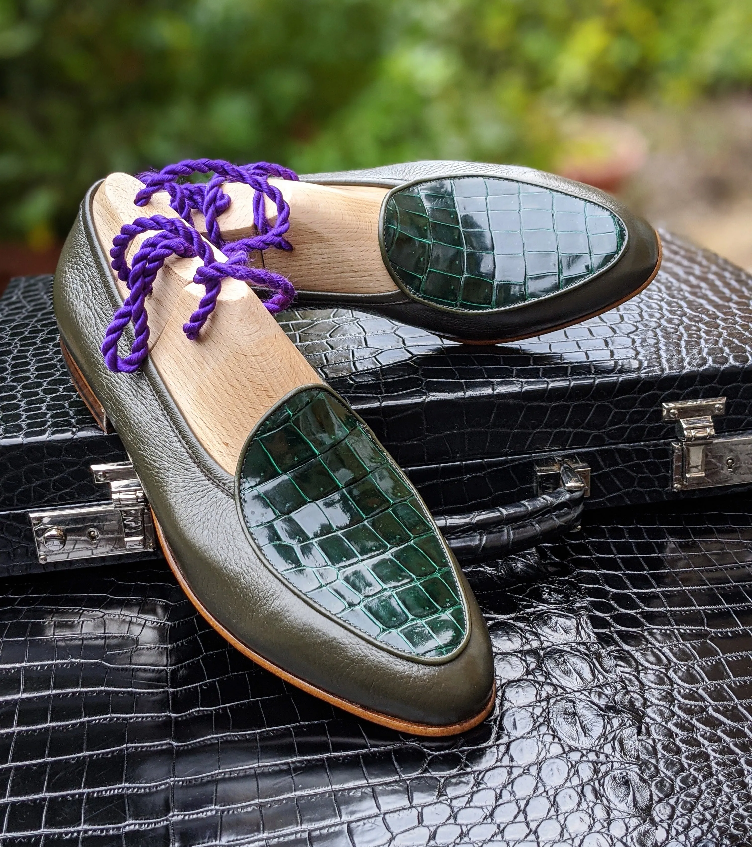 Belgian Loafer - Olive Green Deer & Green Crocodile