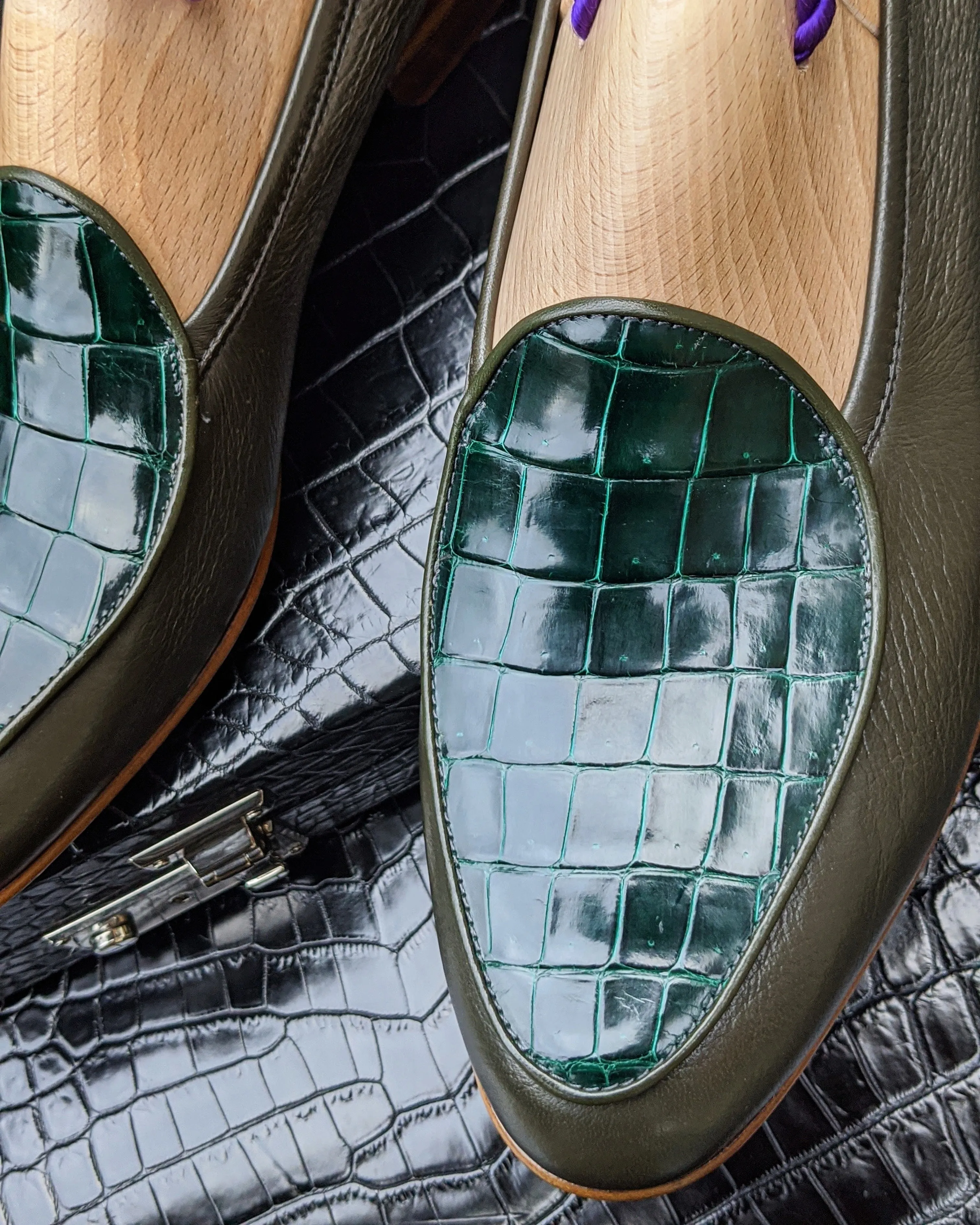 Belgian Loafer - Olive Green Deer & Green Crocodile