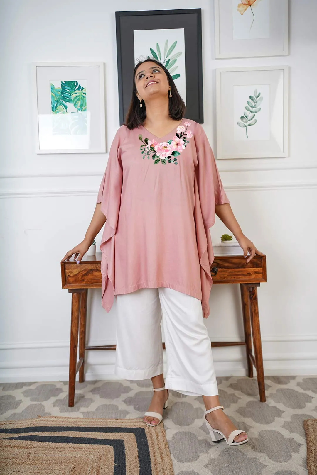 Blush Rayon Kaftan - Pink Flowers