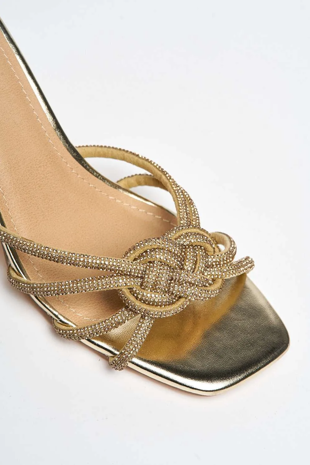 Casia Diamante Embellished Square Toe Heeled Mules in Gold