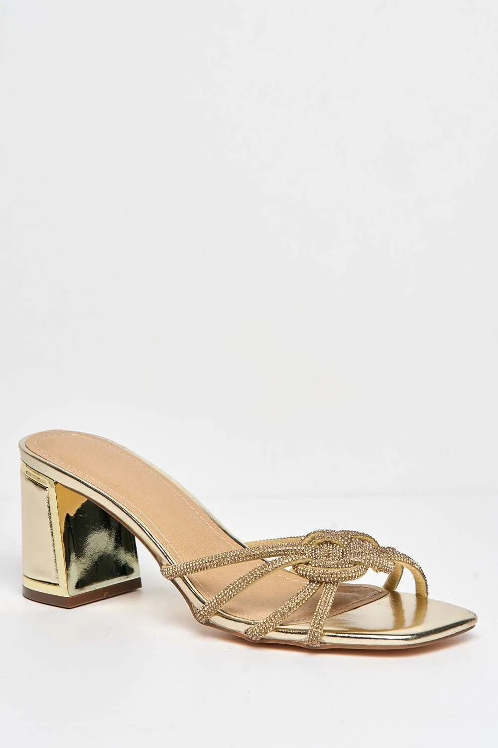 Casia Diamante Embellished Square Toe Heeled Mules in Gold