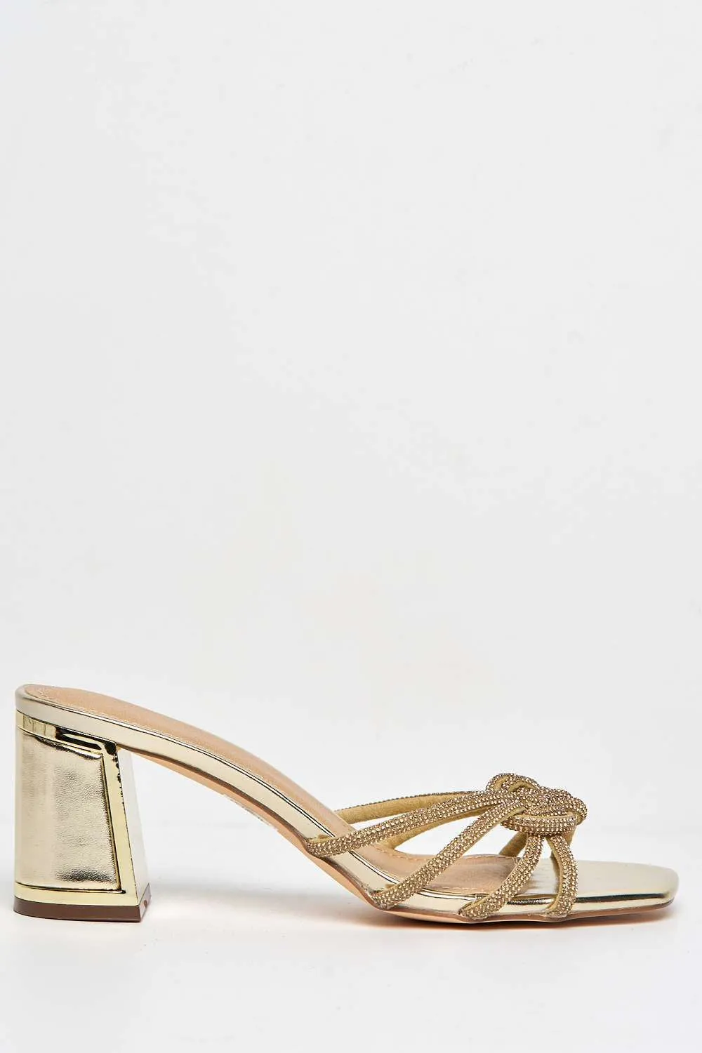 Casia Diamante Embellished Square Toe Heeled Mules in Gold