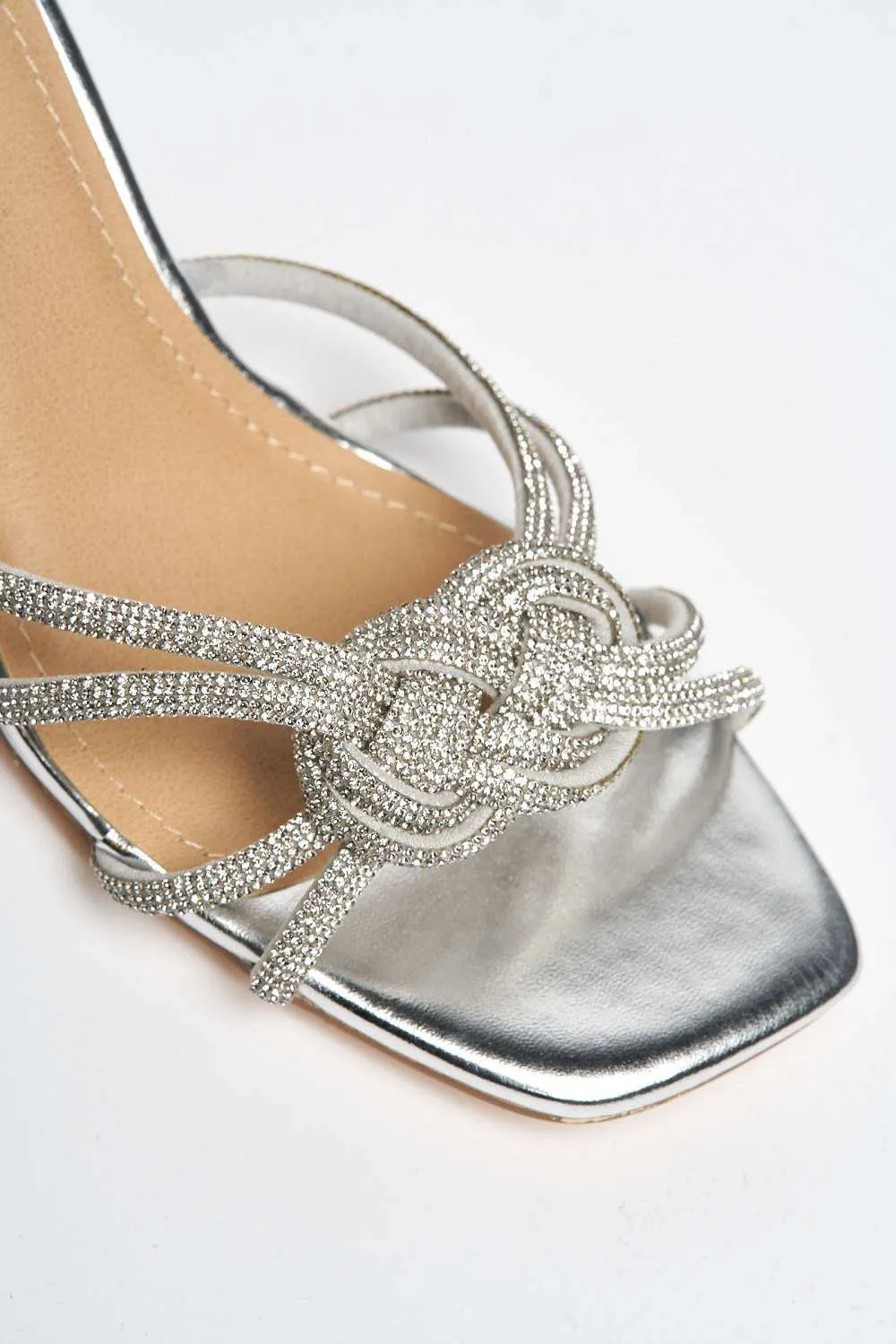 Casia Diamante Embellished Square Toe Heeled Mules in Silver
