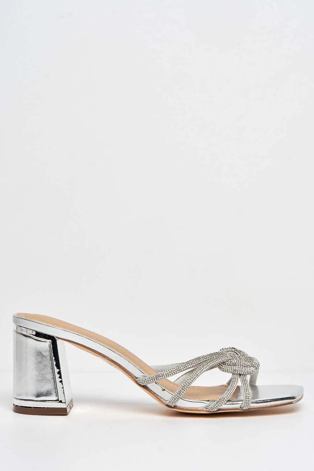 Casia Diamante Embellished Square Toe Heeled Mules in Silver