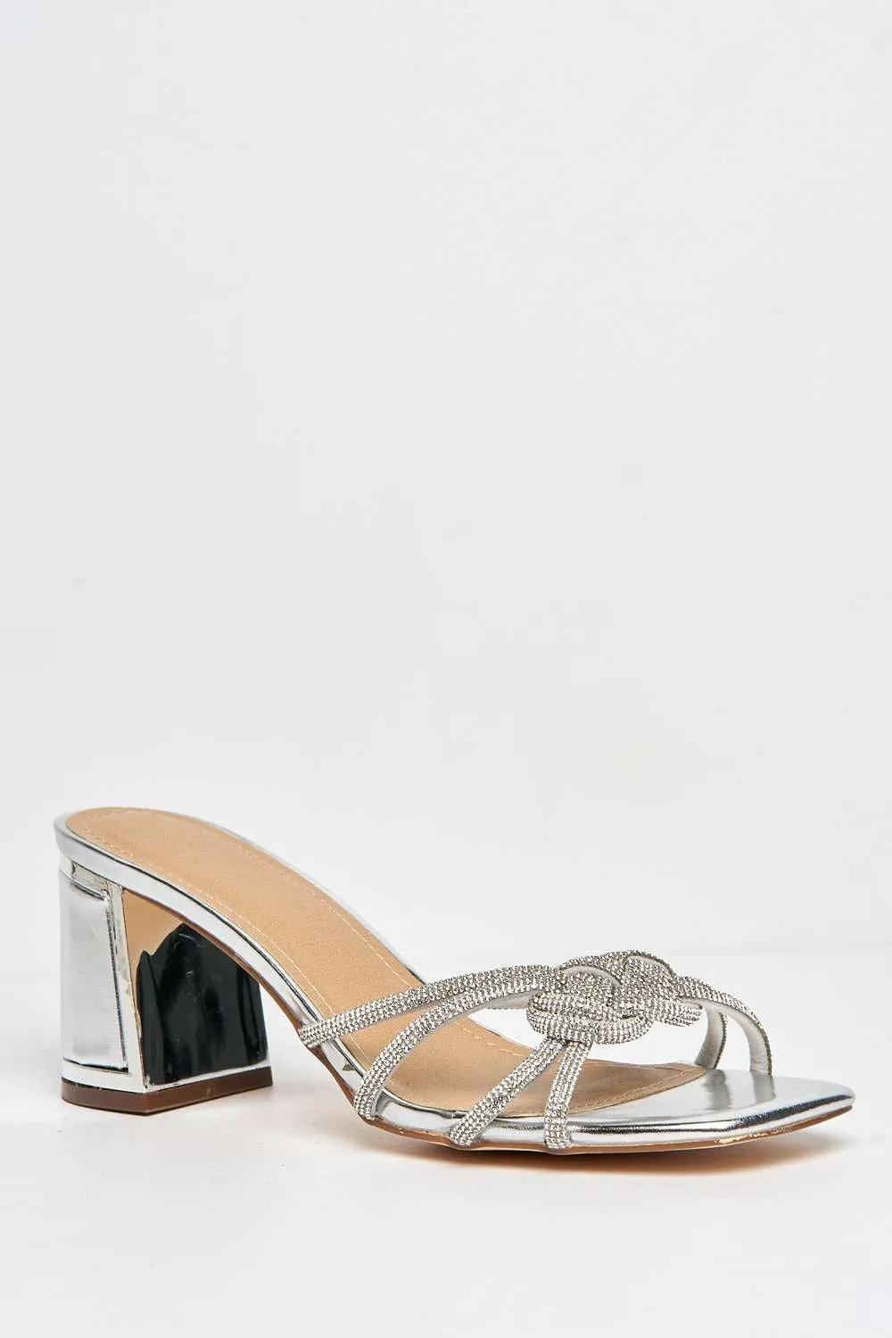 Casia Diamante Embellished Square Toe Heeled Mules in Silver