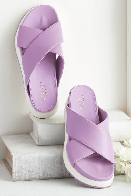 Cecelia New York UMA Wedge Sandals Lilac Platform Crisscrossing Straps Slides