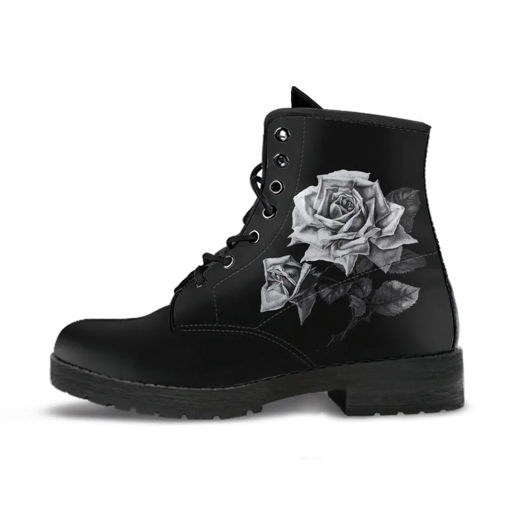 Combat Boots - Vintage Roses in Black & White | Women's Black Hipster Boots, Vegan Leather Lace Up Boots Women, Handmade Lace Up Boots