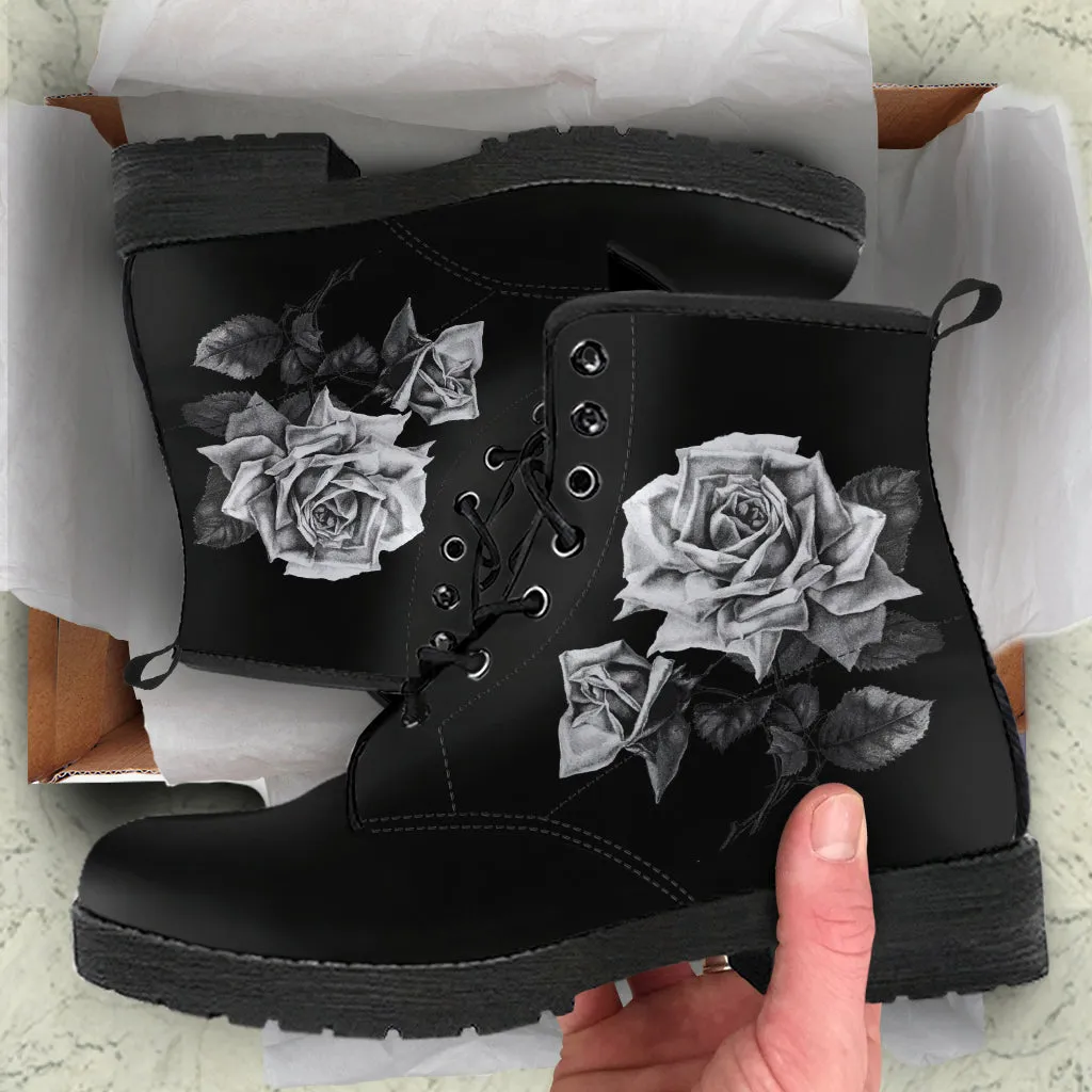 Combat Boots - Vintage Roses in Black & White | Women's Black Hipster Boots, Vegan Leather Lace Up Boots Women, Handmade Lace Up Boots