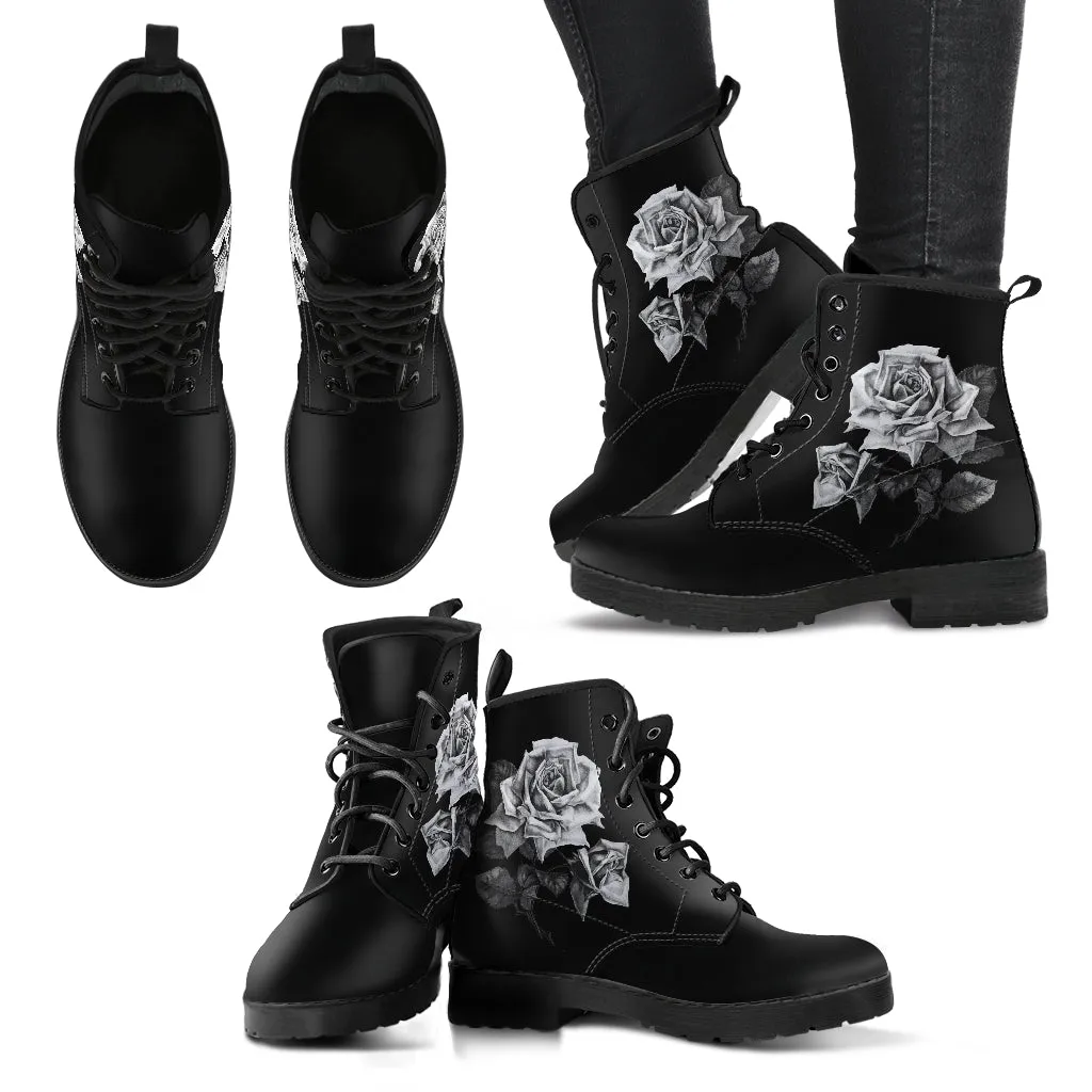 Combat Boots - Vintage Roses in Black & White | Women's Black Hipster Boots, Vegan Leather Lace Up Boots Women, Handmade Lace Up Boots
