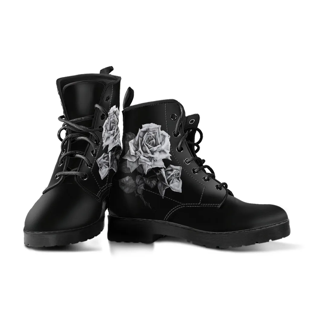 Combat Boots - Vintage Roses in Black & White | Women's Black Hipster Boots, Vegan Leather Lace Up Boots Women, Handmade Lace Up Boots