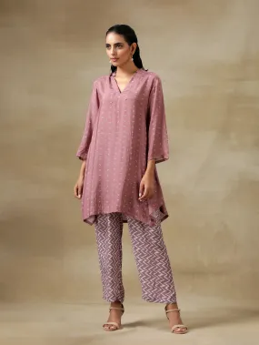 Dark Mauve Bandhani Printed Silk Collared Co-Ord Set