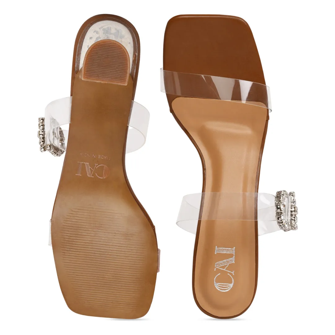 Diamond Buckle Clear Tan Heels