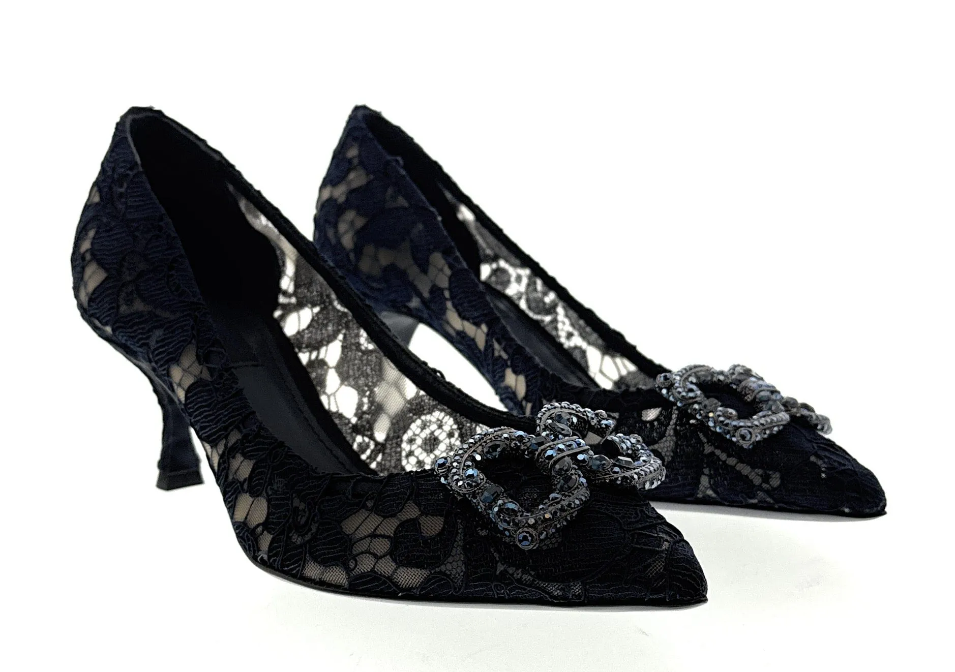 Dolce & Gabbana Deep Navy Floral Lace  Kitten Heels-EU36
