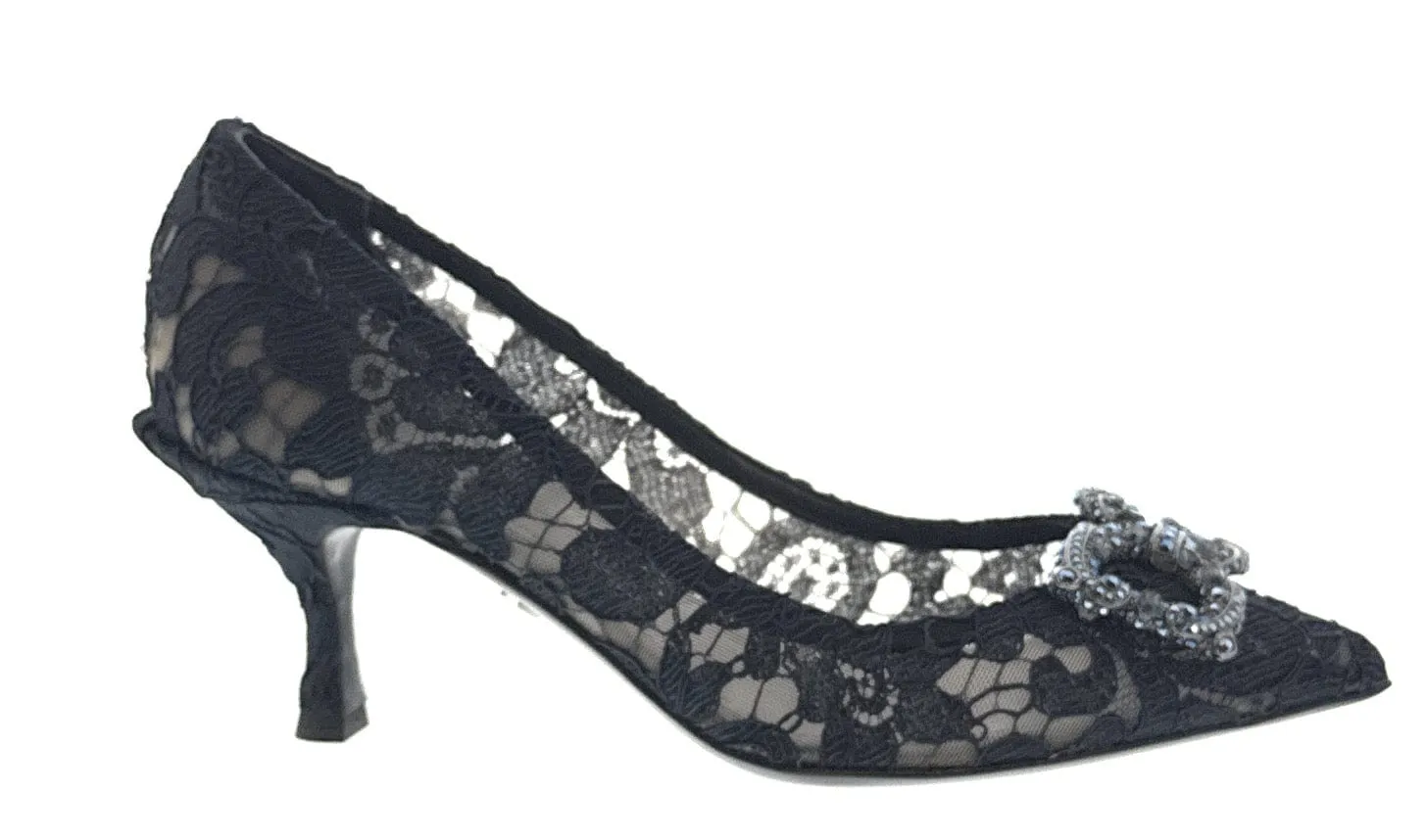 Dolce & Gabbana Deep Navy Floral Lace  Kitten Heels-EU36