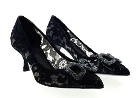 Dolce & Gabbana Deep Navy Floral Lace  Kitten Heels-EU36