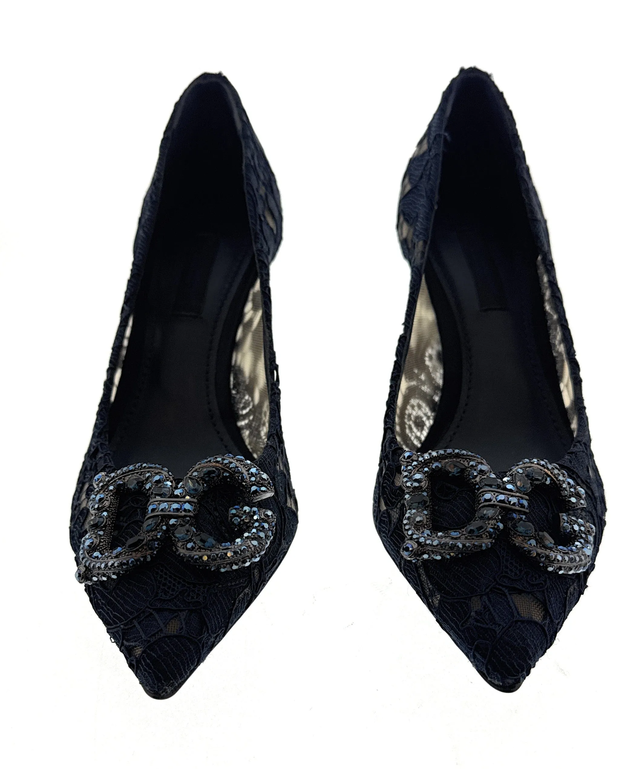 Dolce & Gabbana Deep Navy Floral Lace  Kitten Heels-EU36