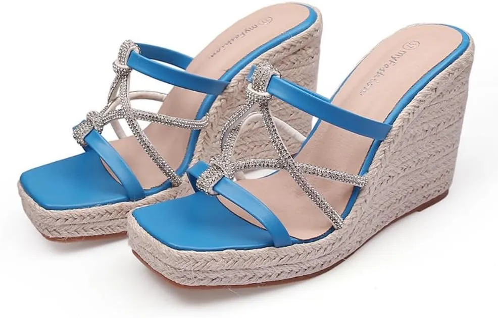 Espadrilles Wedges for Women Mules with Glitter Rhinestone Comfortable Slides Platform Chunky High Heels Y2K Fashion Dressy Casual Sandals Summer Outdoors Travel Bohemia Cruise Beach Seaside Holiday