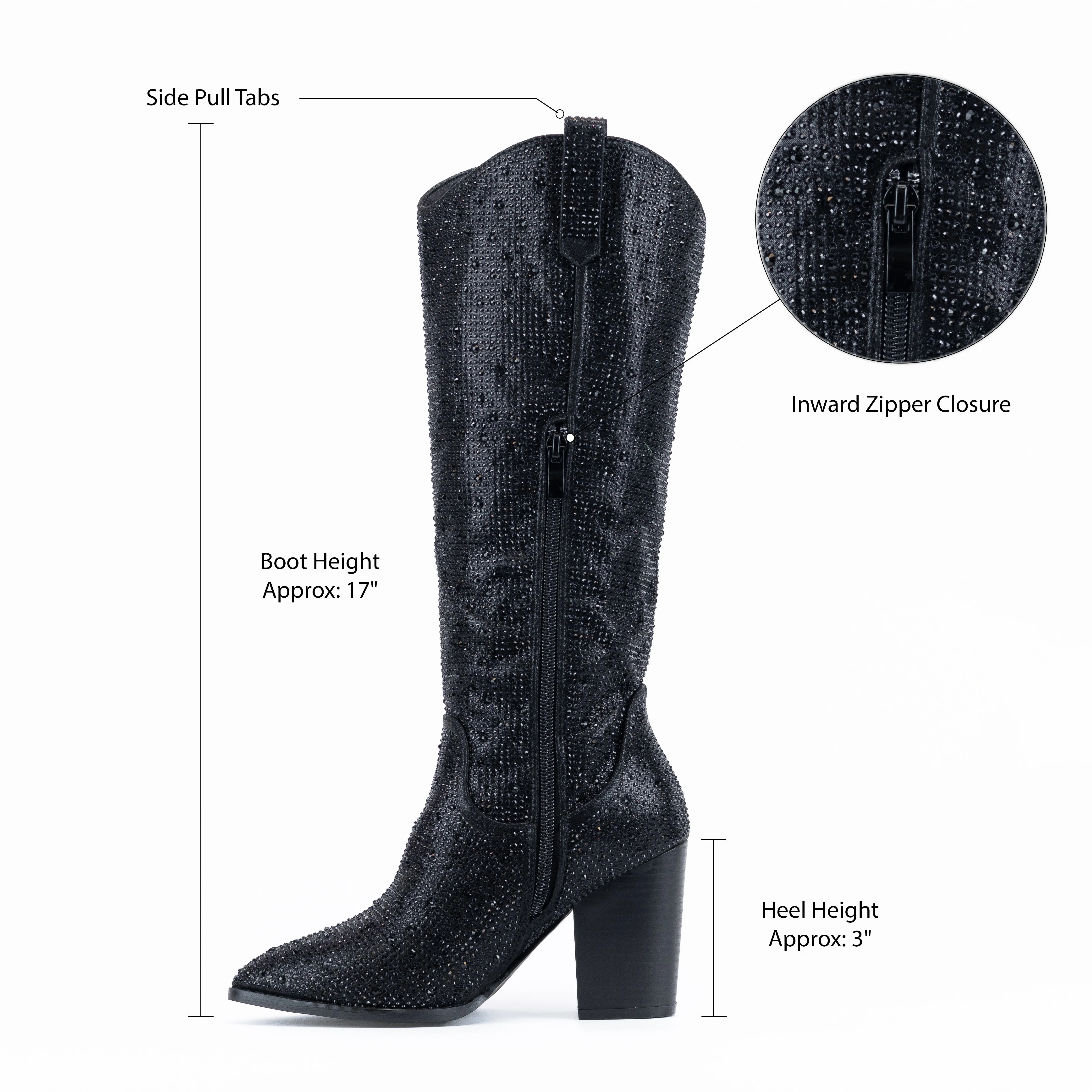 Gemstones - Embellished Mid Heel Cowgirl Boots for Women, Stylish Western Footwear, Elegant Embellishments, Perfect for Festivals