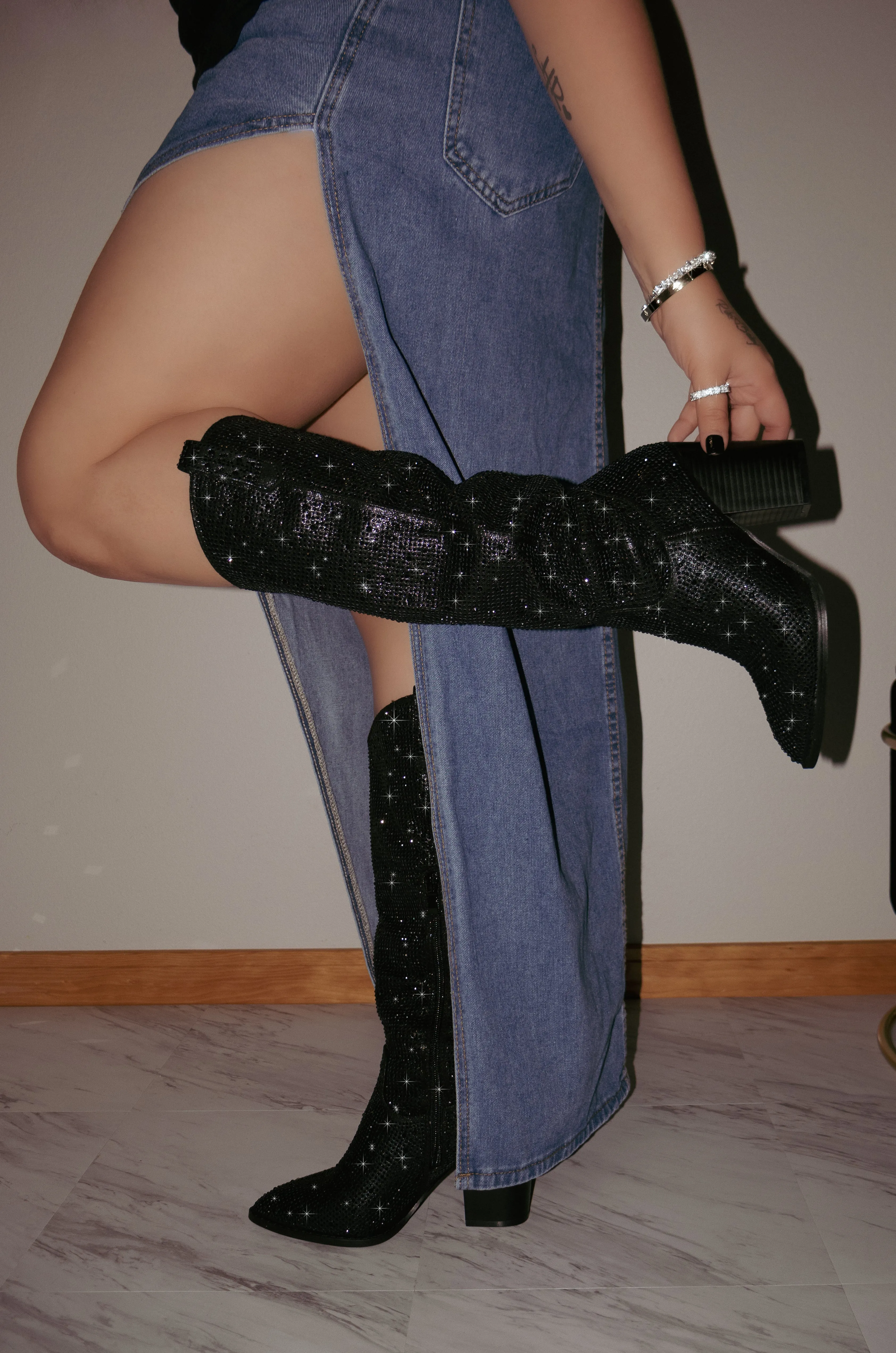 Gemstones - Embellished Mid Heel Cowgirl Boots for Women, Stylish Western Footwear, Elegant Embellishments, Perfect for Festivals