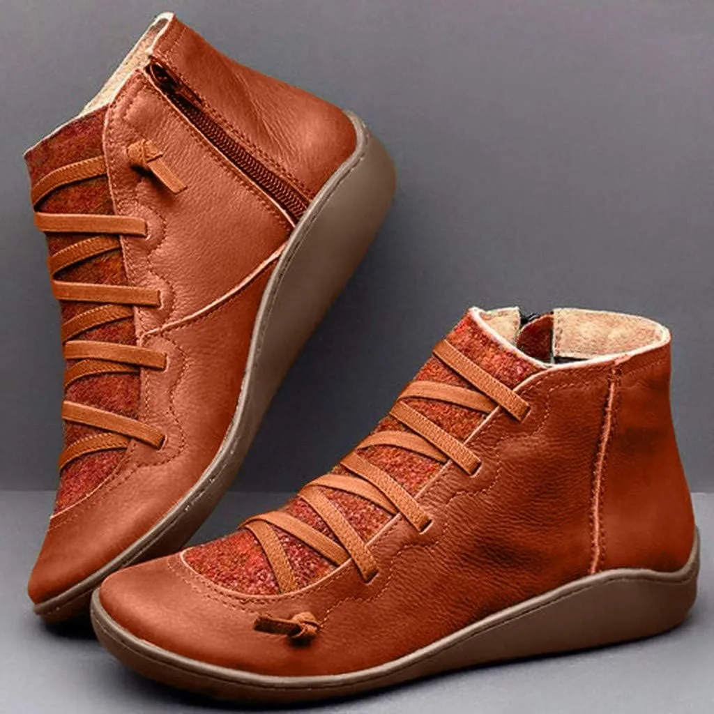 Gibobby Ankle Booties for Women Flat Heel,New Arch Support Ankle Boots Damping Shoes Lace-up Boots Side Zipper Booties