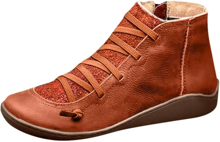 Gibobby Ankle Booties for Women Flat Heel,New Arch Support Ankle Boots Damping Shoes Lace-up Boots Side Zipper Booties