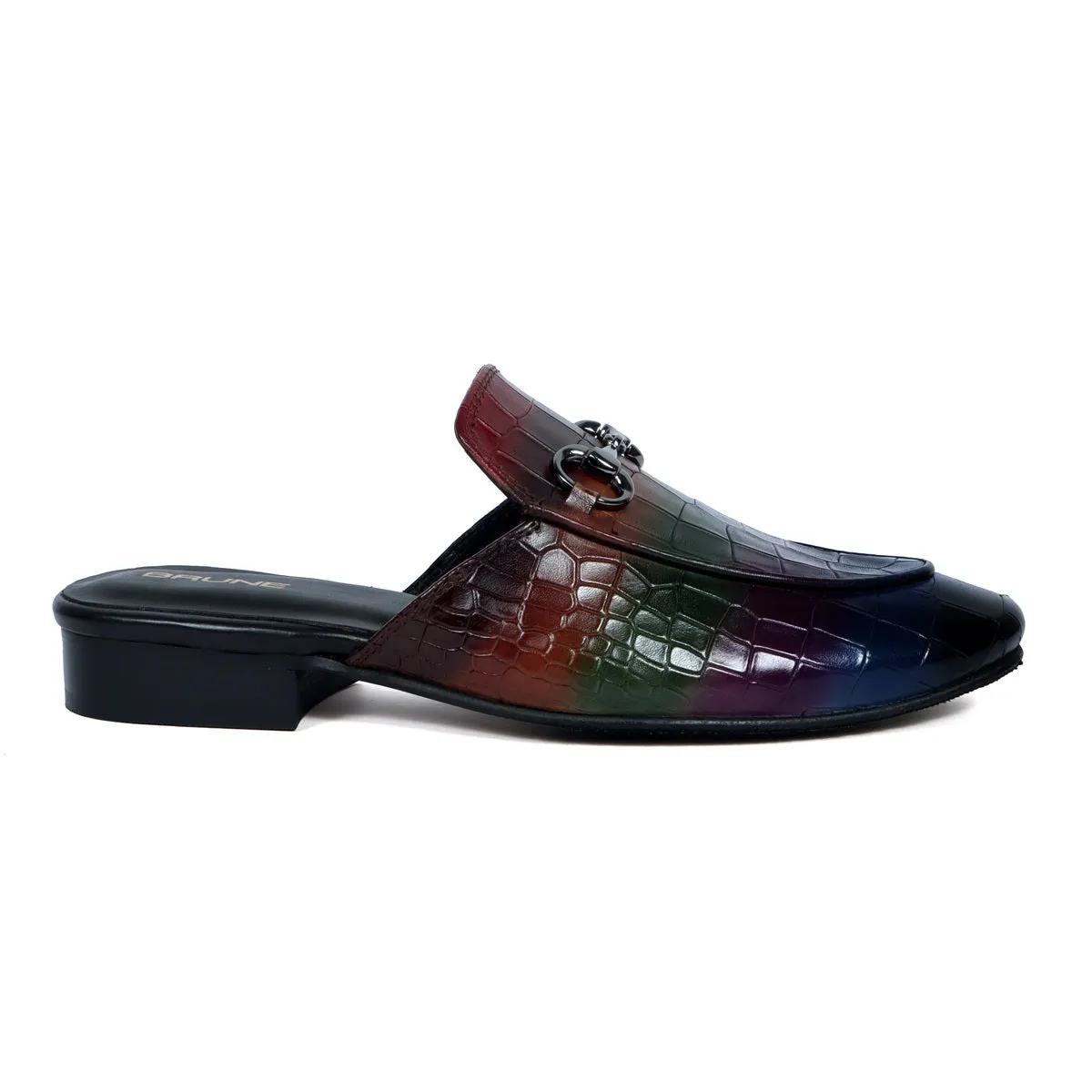 Hand-Painted Multi-Color Mules in Deep Cut Croco Textured Leather