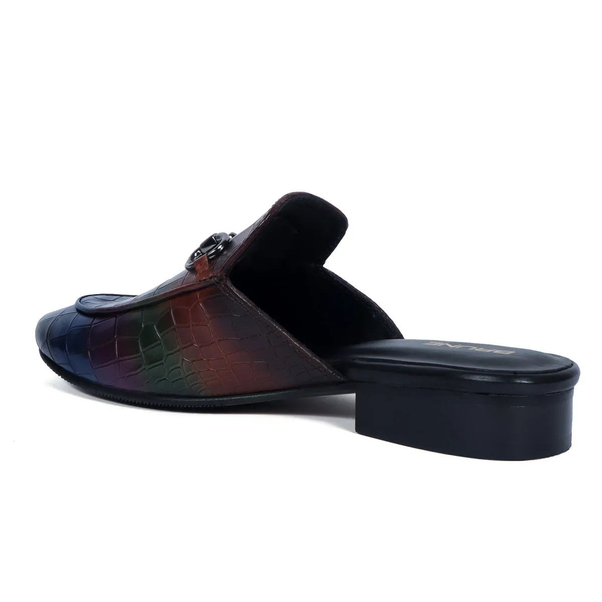 Hand-Painted Multi-Color Mules in Deep Cut Croco Textured Leather