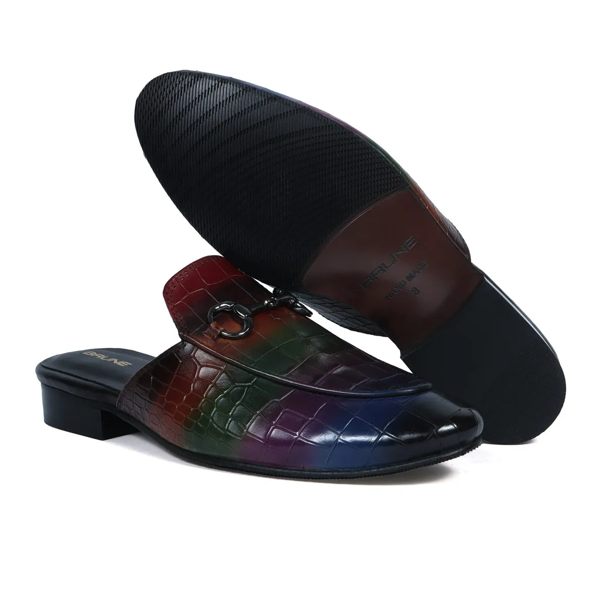 Hand-Painted Multi-Color Mules in Deep Cut Croco Textured Leather
