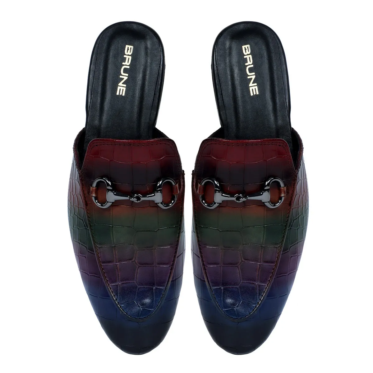 Hand-Painted Multi-Color Mules in Deep Cut Croco Textured Leather
