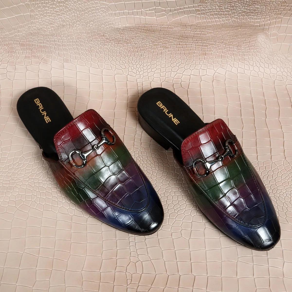 Hand-Painted Multi-Color Mules in Deep Cut Croco Textured Leather