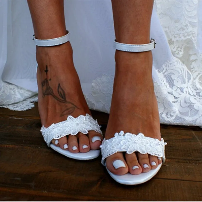 Lace flower wedding sandals chunky heel bridal ankle strap white sandals