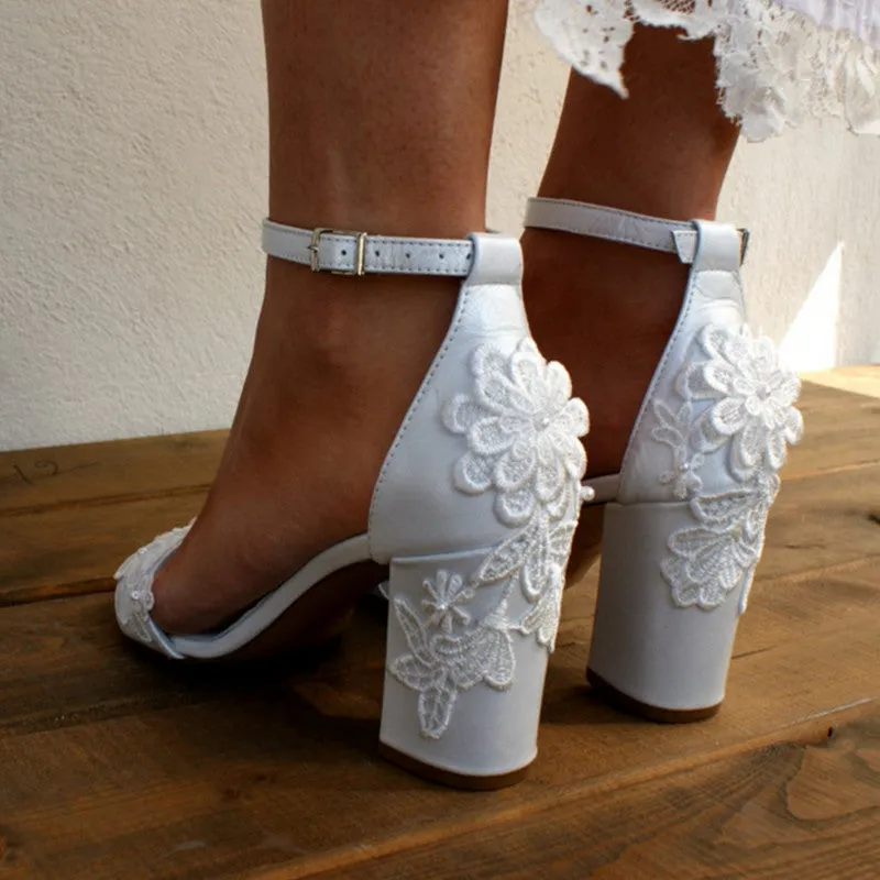 Lace flower wedding sandals chunky heel bridal ankle strap white sandals