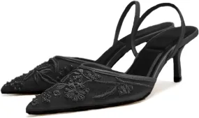 Lymphvity Women's Mesh Embroidered Slingback Heels with Bead Elegant Backless Kitten Heels Pointed Toe Wedding Bridal Dress Pumps Shoes