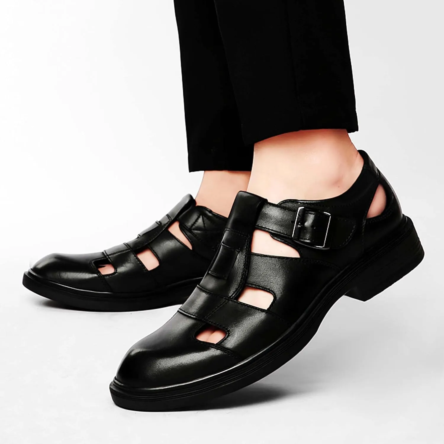 Mens Genuine Leather Shoes, Hollow Out Breathable Barefoot Genuine Leather Sandals, Business Casual Sandals, Hollow Out Breathable Sandals, Soft Anti-slip Wear-resistant, Durable