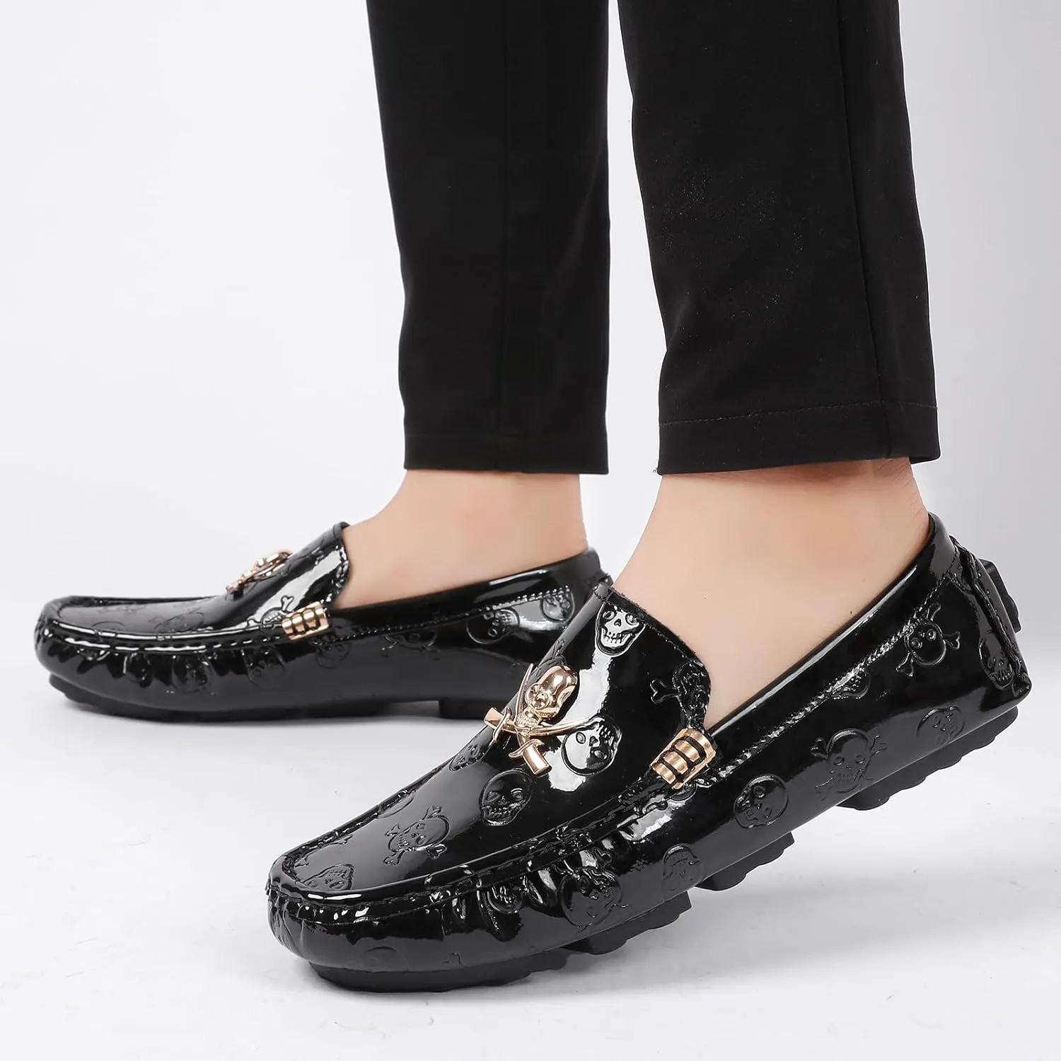 Men's Penny Loafers Patent Leather Skull Pattern Loafers Slip-On Driving Moccasins with Gold Skull Buckle Accent Boat Casual Dress Shoes