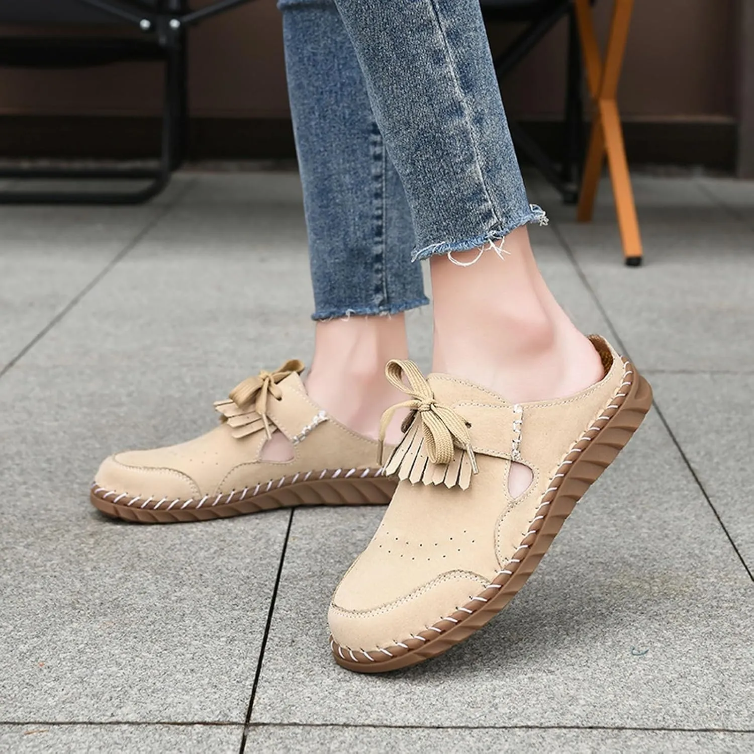 Mule Loafers for Women Round Toe Bowknot Tassel Flats Slip On Slides Open Back Cutout Summer Casual Shoes Closed Toe Backless Loafer