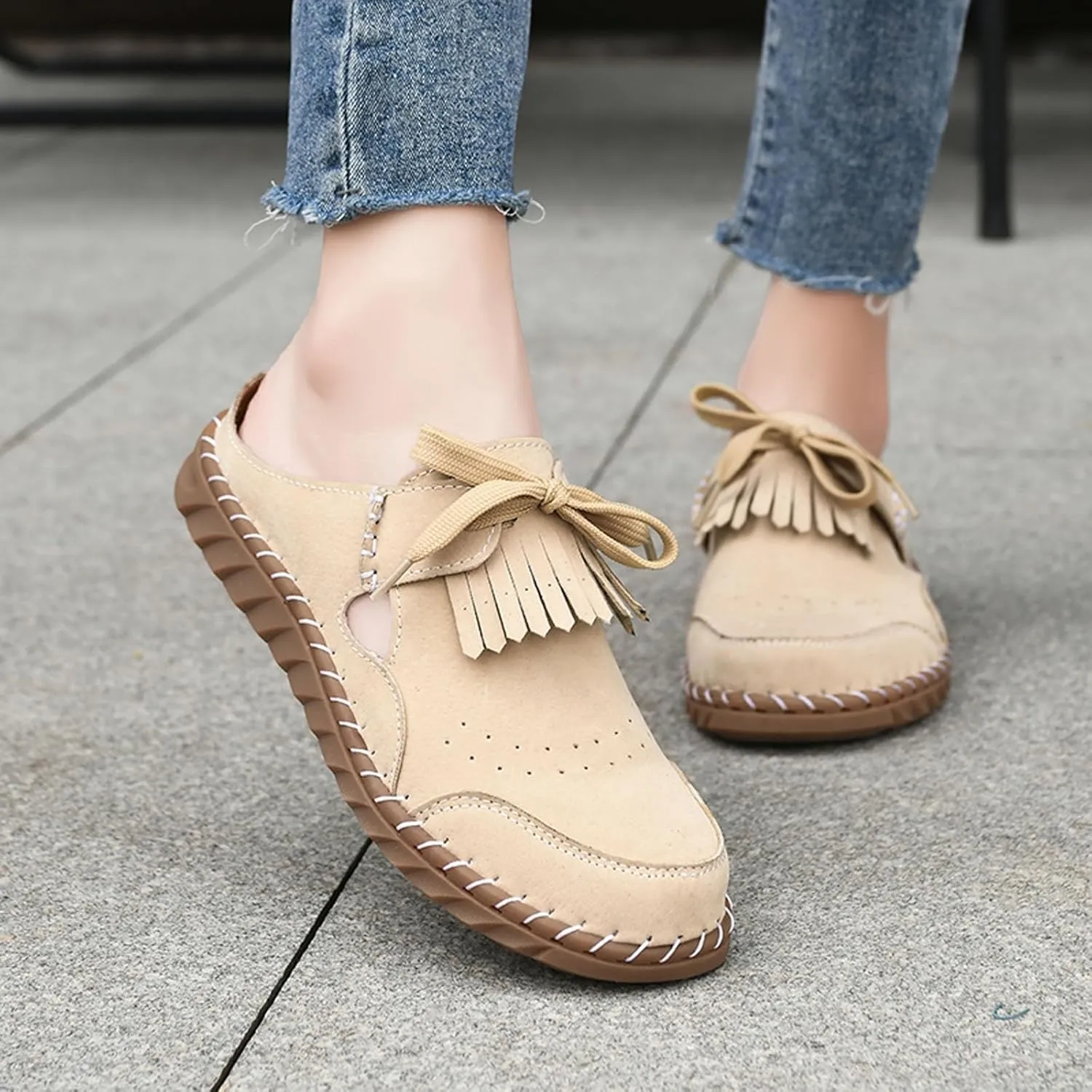 Mule Loafers for Women Round Toe Bowknot Tassel Flats Slip On Slides Open Back Cutout Summer Casual Shoes Closed Toe Backless Loafer