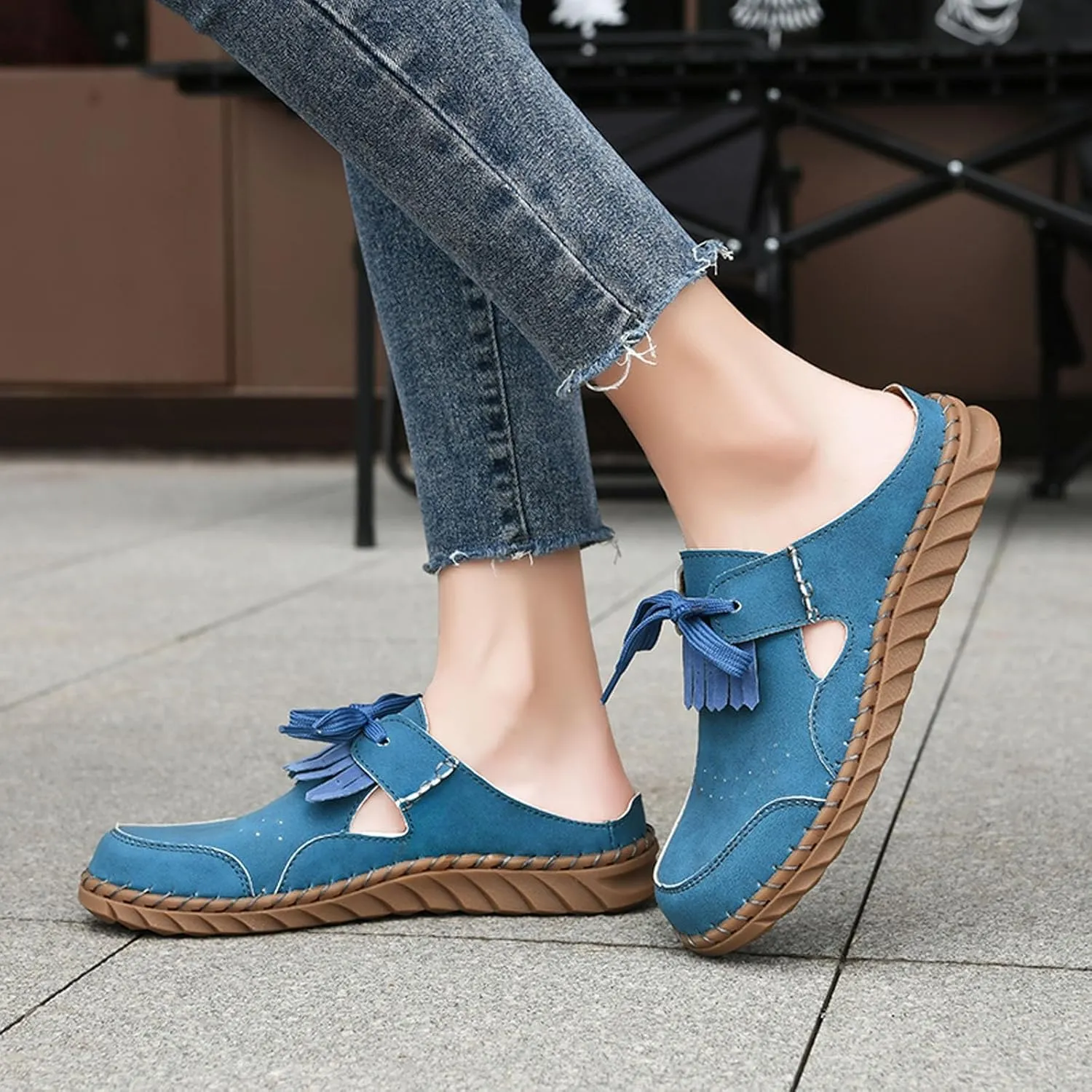 Mule Loafers for Women Round Toe Bowknot Tassel Flats Slip On Slides Open Back Cutout Summer Casual Shoes Closed Toe Backless Loafer
