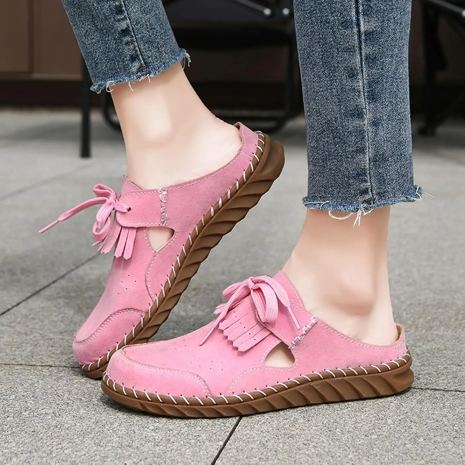 Mule Loafers for Women Round Toe Bowknot Tassel Flats Slip On Slides Open Back Cutout Summer Casual Shoes Closed Toe Backless Loafer