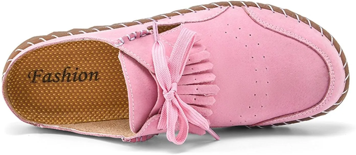 Mule Loafers for Women Round Toe Bowknot Tassel Flats Slip On Slides Open Back Cutout Summer Casual Shoes Closed Toe Backless Loafer