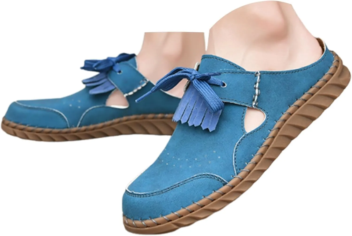 Mule Loafers for Women Round Toe Bowknot Tassel Flats Slip On Slides Open Back Cutout Summer Casual Shoes Closed Toe Backless Loafer