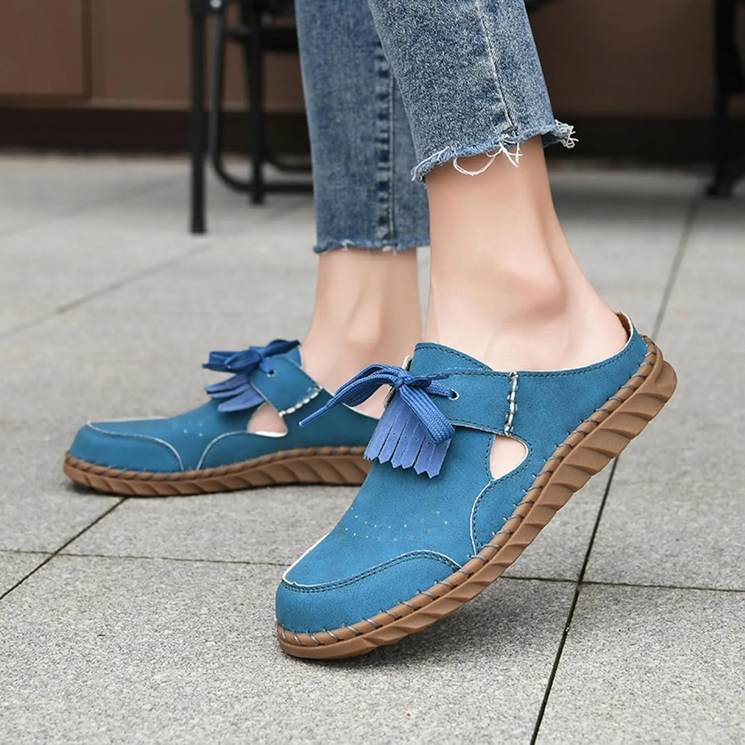 Mule Loafers for Women Round Toe Bowknot Tassel Flats Slip On Slides Open Back Cutout Summer Casual Shoes Closed Toe Backless Loafer