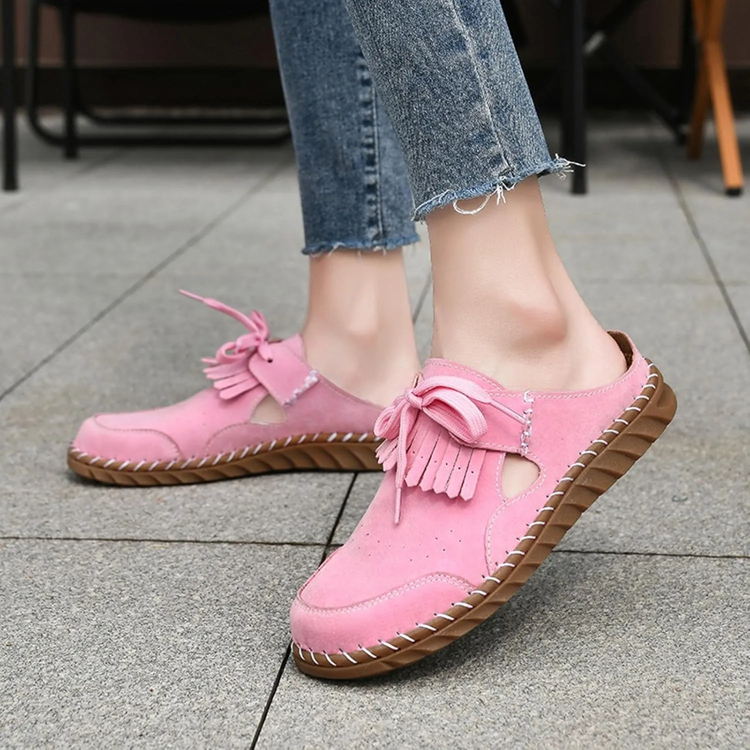 Mule Loafers for Women Round Toe Bowknot Tassel Flats Slip On Slides Open Back Cutout Summer Casual Shoes Closed Toe Backless Loafer
