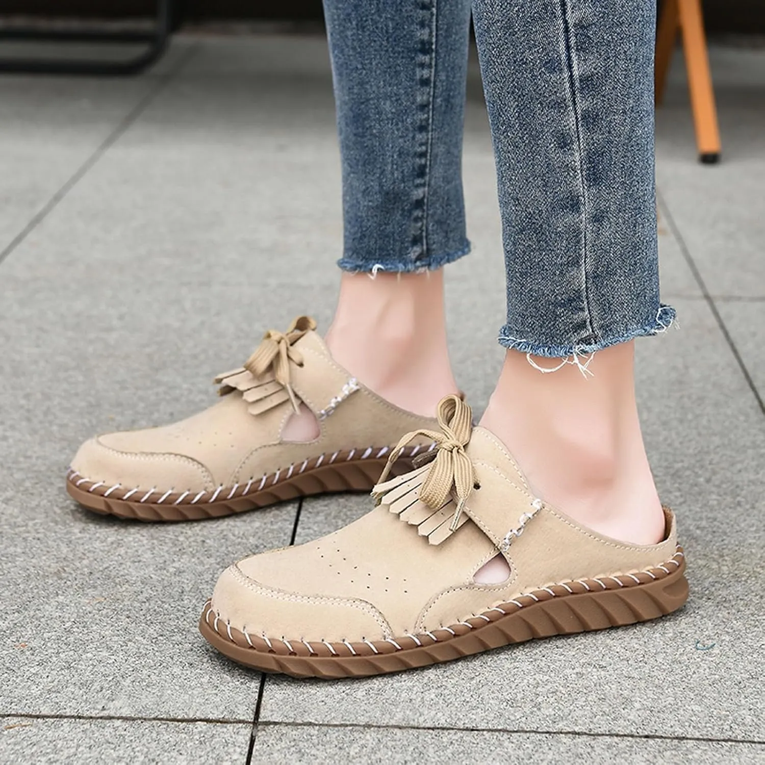 Mule Loafers for Women Round Toe Bowknot Tassel Flats Slip On Slides Open Back Cutout Summer Casual Shoes Closed Toe Backless Loafer